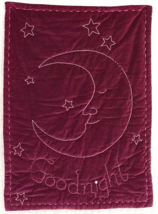 Goodnight moon has been sold. Goodnight moon is approximately 29 x 39 inches. The exterior is 100% cotton velvet, with cotton embroidery thread. Filling is 100% polyester. 